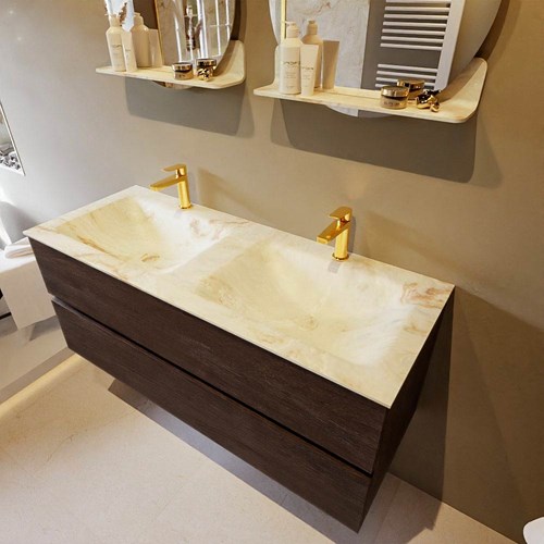 VICA-DLUX 120cm badmeubel onderkast Dark Brown 2 lades. Inbouw wastafel CLOUD dubbel 2 kraangaten, kleur Frappe.