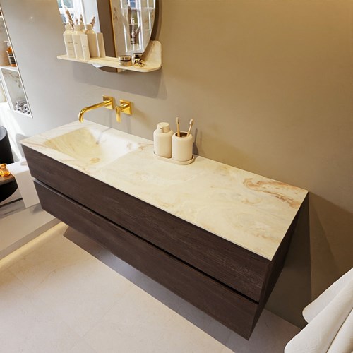 VICA-DLUX 150cm badmeubel onderkast Dark Brown 2 lades. Inbouw wastafel CLOUD links zonder kraangat, kleur Frappe.