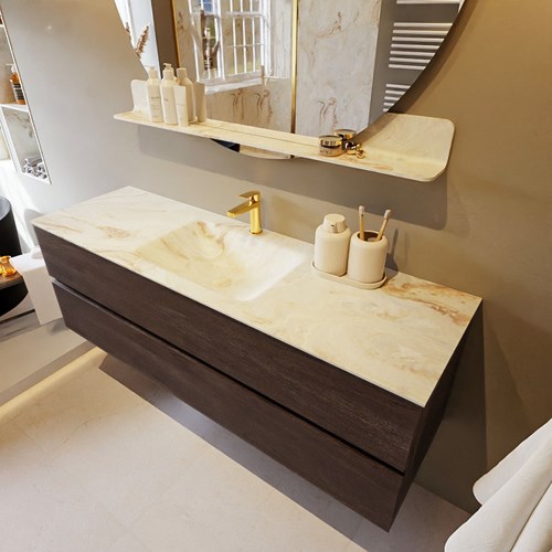 VICA-DLUX 150cm badmeubel onderkast Dark Brown 2 lades. Inbouw wastafel CLOUD midden 1 kraangat, kleur Frappe.