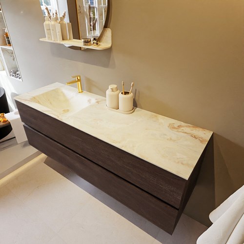 VICA-DLUX 150cm badmeubel onderkast Dark Brown 2 lades. Inbouw wastafel CLOUD links 1 kraangat, kleur Frappe.