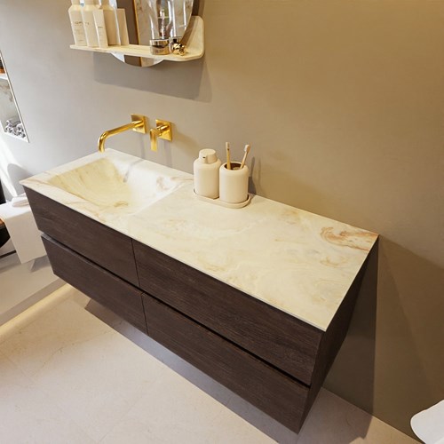 VICA-DLUX 130cm badmeubel onderkast Dark Brown 4 lades. Inbouw wastafel CLOUD links zonder kraangat, kleur Frappe.