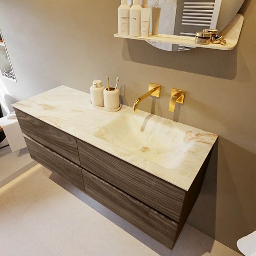 VICA-DLUX 130cm badmeubel onderkast Mocha 4 lades. Inbouw wastafel CLOUD rechts zonder kraangat, kleur Frappe.