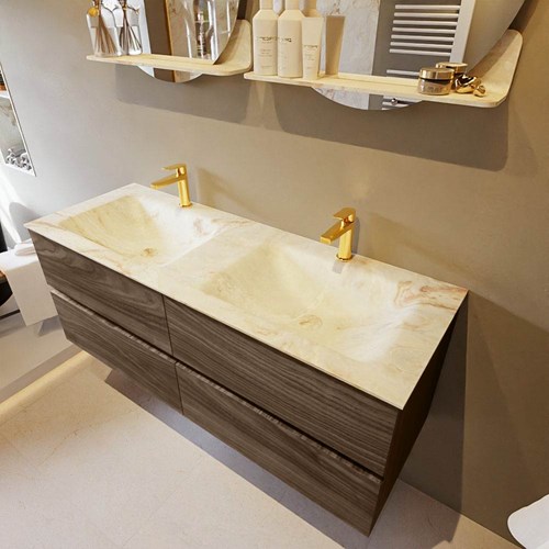 VICA-DLUX 130cm badmeubel onderkast Mocha 4 lades. Inbouw wastafel CLOUD dubbel 2 kraangaten, kleur Frappe.