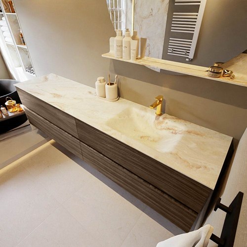 VICA-DLUX 200cm badmeubel onderkast Mocha 4 lades. Inbouw wastafel CLOUD rechts 1 kraangat, kleur Frappe.