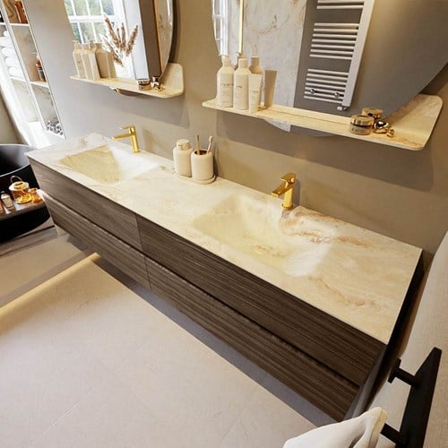 VICA-DLUX 200cm badmeubel onderkast Mocha 4 lades. Inbouw wastafel CLOUD dubbel 2 kraangaten, kleur Frappe.