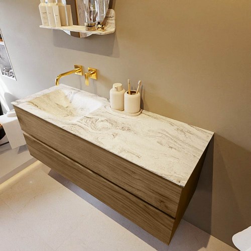 VICA-DLUX 130cm badmeubel onderkast Chai 2 lades. Inbouw wastafel CLOUD links zonder kraangat, kleur Glace.