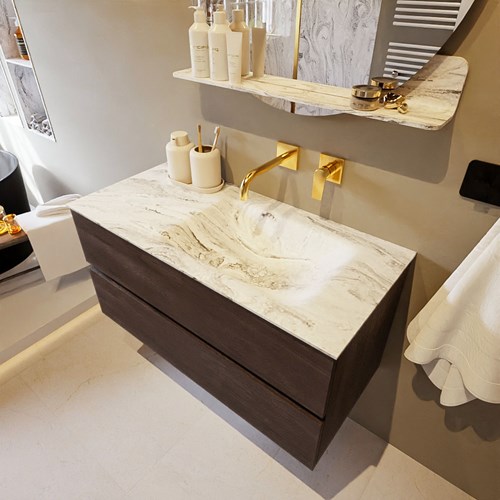 VICA-DLUX 100cm badmeubel onderkast Dark Brown 2 lades. Inbouw wastafel CLOUD rechts zonder kraangat, kleur Glace.
