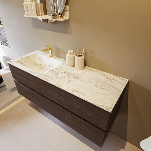 VICA-DLUX 130cm badmeubel onderkast Dark Brown 2 lades. Inbouw wastafel CLOUD links 1 kraangat, kleur Glace.