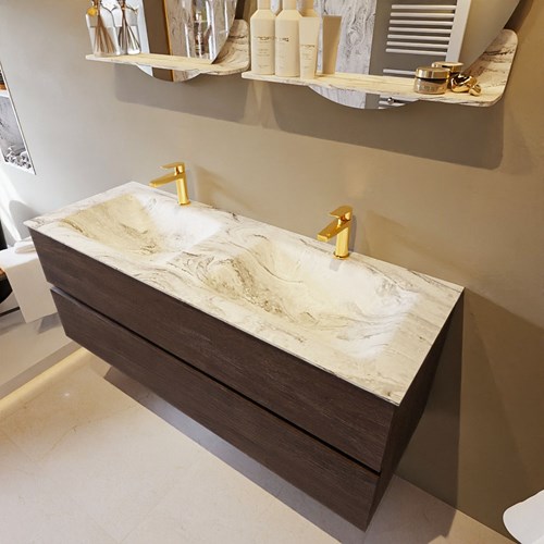 VICA-DLUX 130cm badmeubel onderkast Dark Brown 2 lades. Inbouw wastafel CLOUD dubbel 2 kraangaten, kleur Glace.