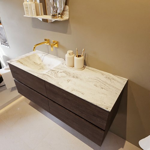 VICA-DLUX 130cm badmeubel onderkast Dark Brown 4 lades. Inbouw wastafel CLOUD links zonder kraangat, kleur Glace.