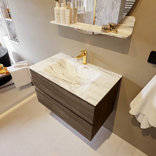 VICA-DLUX 80cm badmeubel onderkast Mocha 2 lades. Inbouw wastafel CLOUD midden 1 kraangat, kleur Glace.