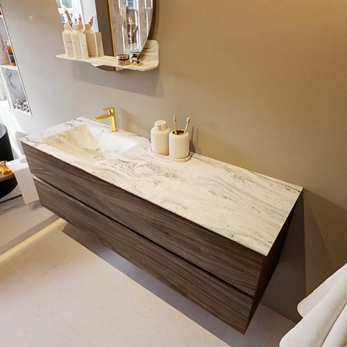 VICA-DLUX 150cm badmeubel onderkast Mocha 2 lades. Inbouw wastafel CLOUD links 1 kraangat, kleur Glace.