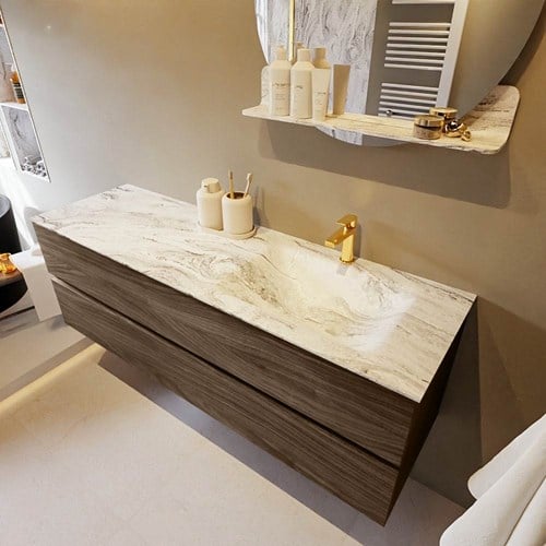 VICA-DLUX 150cm badmeubel onderkast Mocha 2 lades. Inbouw wastafel CLOUD rechts 1 kraangat, kleur Glace.