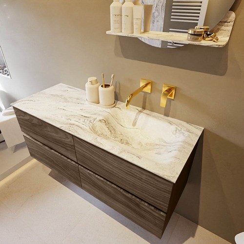 VICA-DLUX 120cm badmeubel onderkast Mocha 4 lades. Inbouw wastafel CLOUD rechts zonder kraangat, kleur Glace.
