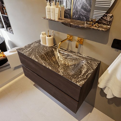 VICA-DLUX 100cm badmeubel onderkast Dark Brown 2 lades. Inbouw wastafel CLOUD rechts zonder kraangat, kleur Lava.
