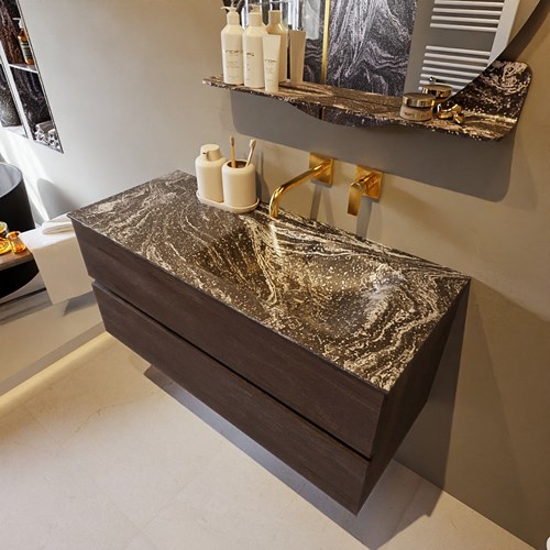 VICA-DLUX 110cm badmeubel onderkast Dark Brown 2 lades. Inbouw wastafel CLOUD rechts zonder kraangat, kleur Lava.