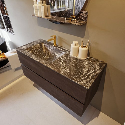 VICA-DLUX 110cm badmeubel onderkast Dark Brown 2 lades. Inbouw wastafel CLOUD links 1 kraangat, kleur Lava.