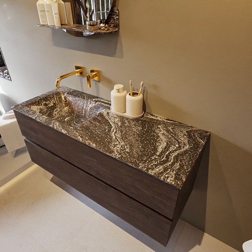 VICA-DLUX 120cm badmeubel onderkast Dark Brown 2 lades. Inbouw wastafel CLOUD links zonder kraangat, kleur Lava.