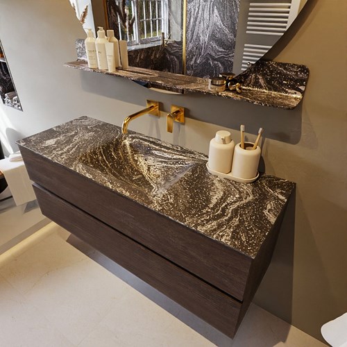 VICA-DLUX 130cm badmeubel onderkast Dark Brown 2 lades. Inbouw wastafel CLOUD midden zonder kraangat, kleur Lava.