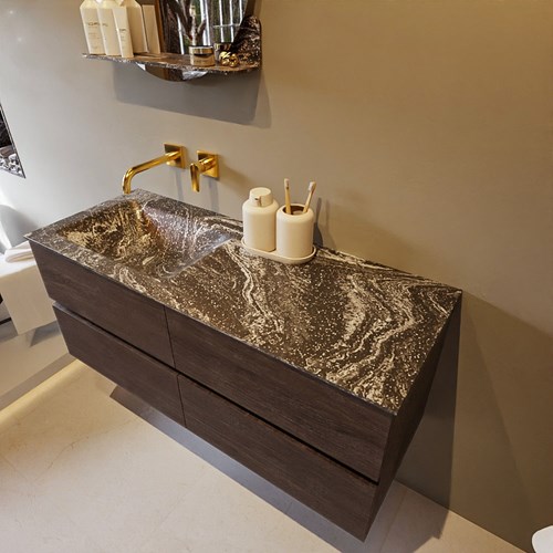VICA-DLUX 120cm badmeubel onderkast Dark Brown 4 lades. Inbouw wastafel CLOUD links zonder kraangat, kleur Lava.
