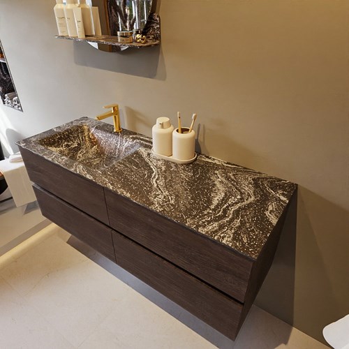 VICA-DLUX 130cm badmeubel onderkast Dark Brown 4 lades. Inbouw wastafel CLOUD links 1 kraangat, kleur Lava.