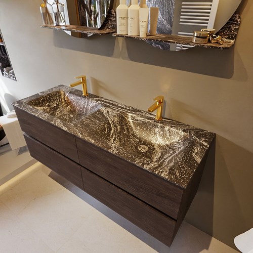 VICA-DLUX 130cm badmeubel onderkast Dark Brown 4 lades. Inbouw wastafel CLOUD dubbel 2 kraangaten, kleur Lava.
