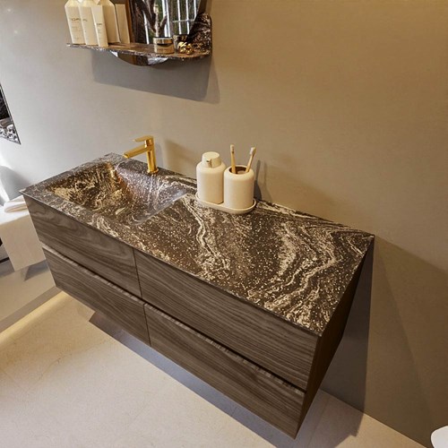 VICA-DLUX 120cm badmeubel onderkast Mocha 4 lades. Inbouw wastafel CLOUD links 1 kraangat, kleur Lava.