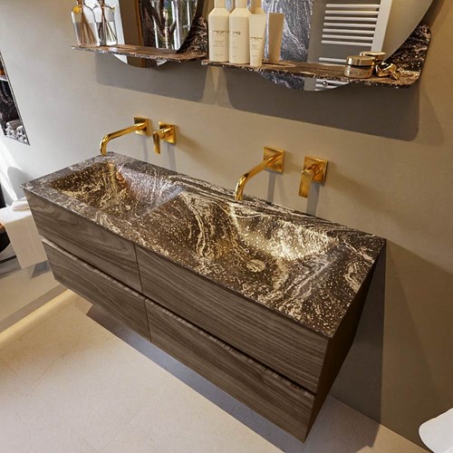 VICA-DLUX 130cm badmeubel onderkast Mocha 4 lades. Inbouw wastafel CLOUD dubbel zonder kraangat, kleur Lava.