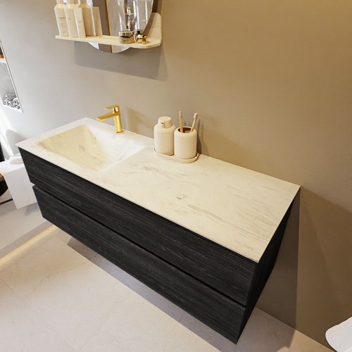 VICA-DLUX 130cm badmeubel onderkast Antracite 2 lades. Inbouw wastafel CLOUD links 1 kraangat, kleur Opalo.