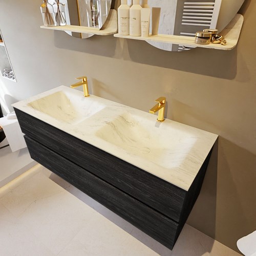 VICA-DLUX 130cm badmeubel onderkast Antracite 2 lades. Inbouw wastafel CLOUD dubbel 2 kraangaten, kleur Opalo.