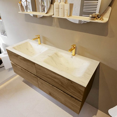 VICA-DLUX 130cm badmeubel onderkast Chai 4 lades. Inbouw wastafel CLOUD dubbel 2 kraangaten, kleur Opalo.