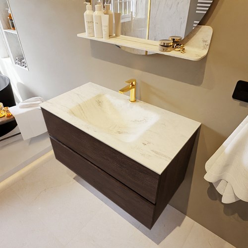 VICA-DLUX 90cm badmeubel onderkast Dark Brown 2 lades. Inbouw wastafel CLOUD midden 1 kraangat, kleur Opalo.
