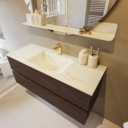 VICA-DLUX 120cm badmeubel onderkast Dark Brown 2 lades. Inbouw wastafel CLOUD midden 1 kraangat, kleur Opalo.