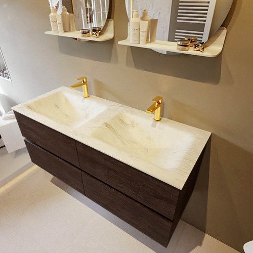 VICA-DLUX 120cm badmeubel onderkast Dark Brown 4 lades. Inbouw wastafel CLOUD dubbel 2 kraangaten, kleur Opalo.
