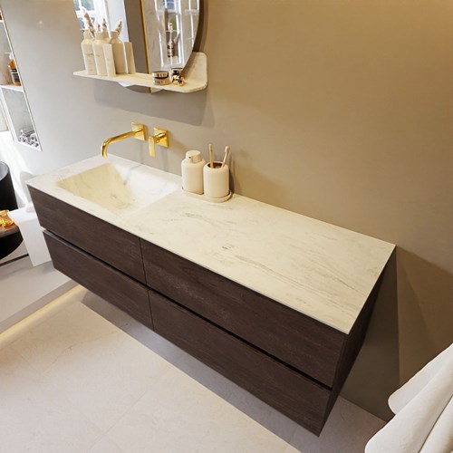 VICA-DLUX 150cm badmeubel onderkast Dark Brown 4 lades. Inbouw wastafel CLOUD links zonder kraangat, kleur Opalo.