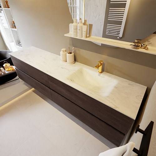 VICA-DLUX 200cm badmeubel onderkast Dark Brown 4 lades. Inbouw wastafel CLOUD rechts 1 kraangat, kleur Opalo.