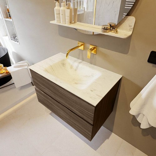 VICA-DLUX 80cm badmeubel onderkast Mocha 2 lades. Inbouw wastafel CLOUD midden zonder kraangat, kleur Opalo.