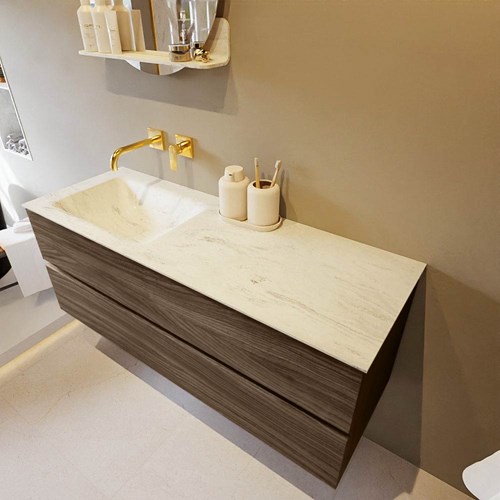 VICA-DLUX 130cm badmeubel onderkast Mocha 2 lades. Inbouw wastafel CLOUD links zonder kraangat, kleur Opalo.