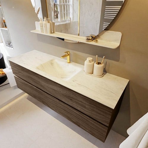 VICA-DLUX 150cm badmeubel onderkast Mocha 2 lades. Inbouw wastafel CLOUD midden 1 kraangat, kleur Opalo.