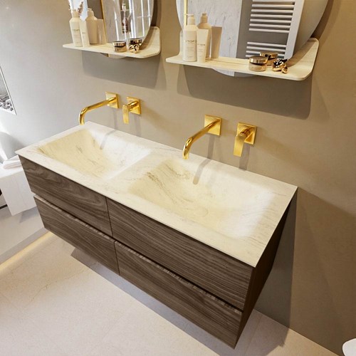 VICA-DLUX 120cm badmeubel onderkast Mocha 4 lades. Inbouw wastafel CLOUD dubbel zonder kraangat, kleur Opalo.