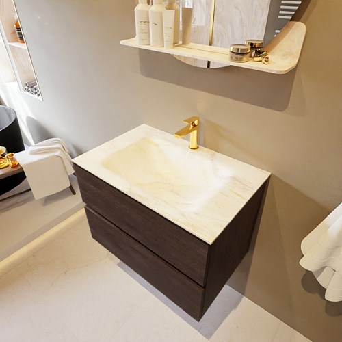 VICA-DLUX 70cm badmeubel onderkast Dark Brown 2 lades. Inbouw wastafel CLOUD midden 1 kraangat, kleur Ostra.