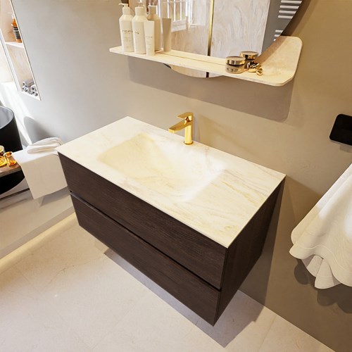 VICA-DLUX 90cm badmeubel onderkast Dark Brown 2 lades. Inbouw wastafel CLOUD midden 1 kraangat, kleur Ostra.
