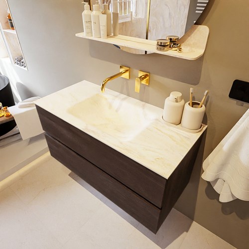 VICA-DLUX 100cm badmeubel onderkast Dark Brown 2 lades. Inbouw wastafel CLOUD midden zonder kraangat, kleur Ostra.