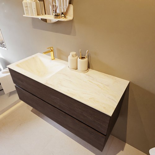 VICA-DLUX 120cm badmeubel onderkast Dark Brown 2 lades. Inbouw wastafel CLOUD links 1 kraangat, kleur Ostra.