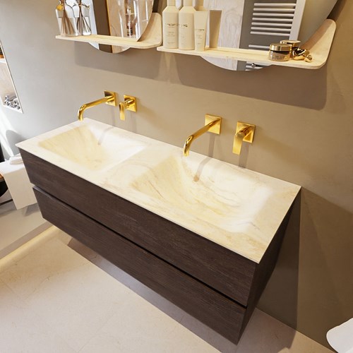 VICA-DLUX 130cm badmeubel onderkast Dark Brown 2 lades. Inbouw wastafel CLOUD dubbel zonder kraangat, kleur Ostra.