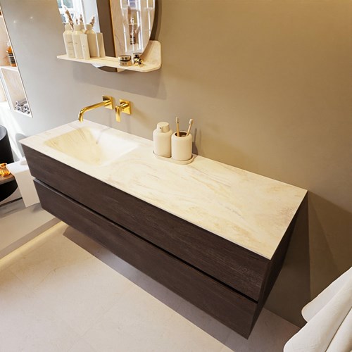 VICA-DLUX 150cm badmeubel onderkast Dark Brown 2 lades. Inbouw wastafel CLOUD links zonder kraangat, kleur Ostra.