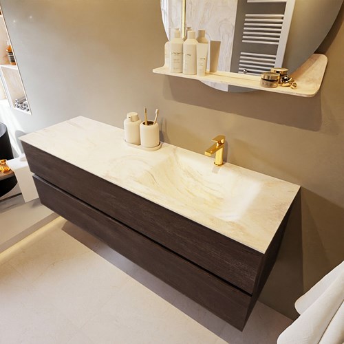 VICA-DLUX 150cm badmeubel onderkast Dark Brown 2 lades. Inbouw wastafel CLOUD rechts 1 kraangat, kleur Ostra.