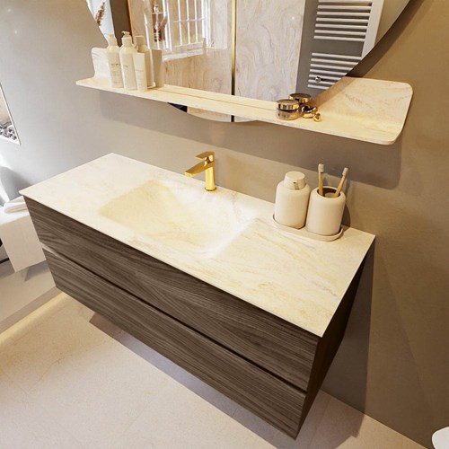 VICA-DLUX 120cm badmeubel onderkast Mocha 2 lades. Inbouw wastafel CLOUD midden 1 kraangat, kleur Ostra.