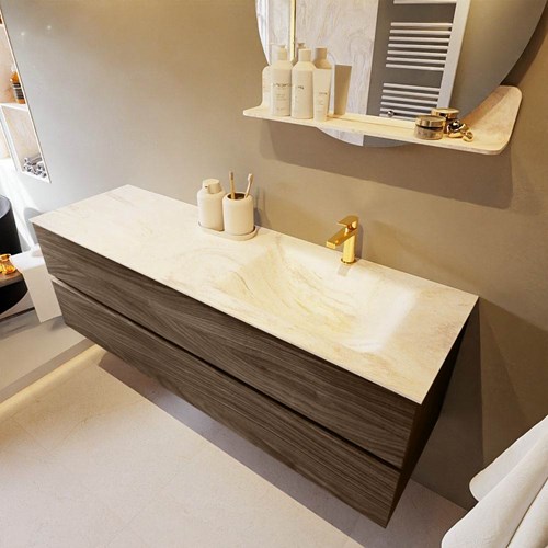 VICA-DLUX 150cm badmeubel onderkast Mocha 2 lades. Inbouw wastafel CLOUD rechts 1 kraangat, kleur Ostra.