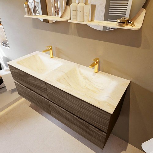 VICA-DLUX 130cm badmeubel onderkast Mocha 4 lades. Inbouw wastafel CLOUD dubbel 2 kraangaten, kleur Ostra.